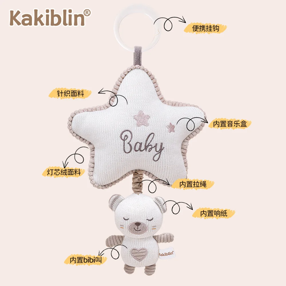 Boneca de coelho fofa com caixa de música, arte de tricô para berço, berços, chocalho de bebê para carrinho de bebê, brinquedo de chocalho de coelho pendurado