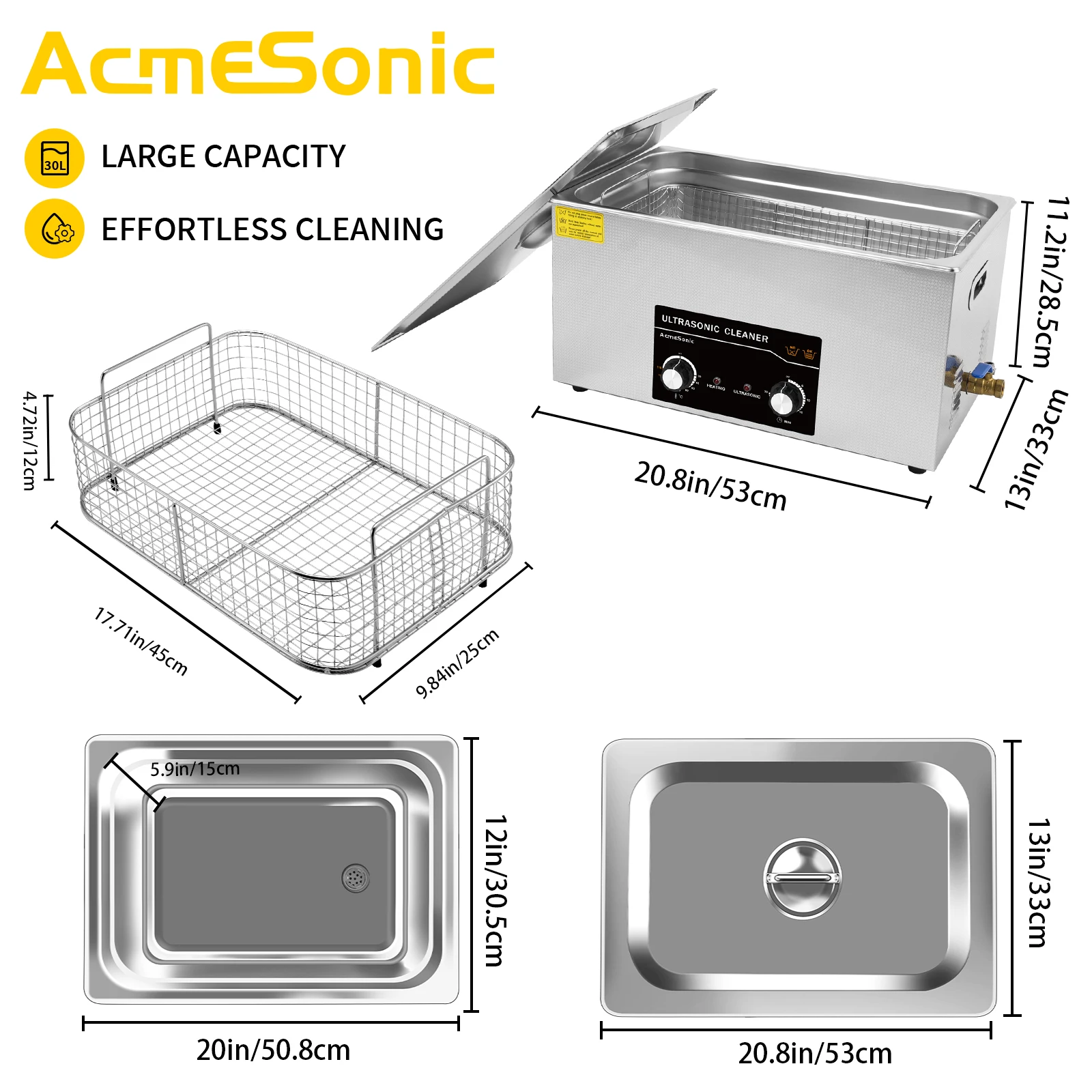ACMESONIC A22L Pulitore ad ultrasuoni 40kHz 480W Manopola di potenza regolabile Controllo Durevole Macchina per la pulizia Lab Strumenti di gioielli industriali