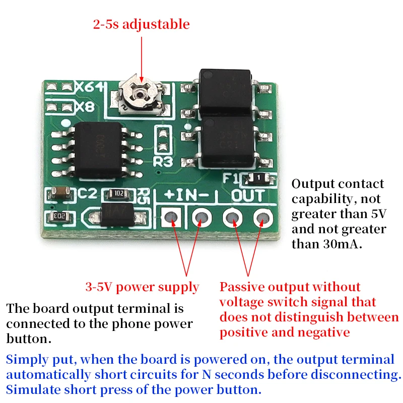 Javino 1/5/10Pcs 2-5S Delay Smartphone Auto Start Module 3V to 5V Studio Phone Power Button Automatic Trigger Controller
