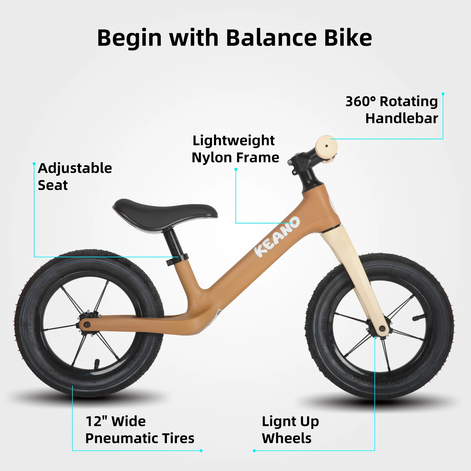 KEANO 12 Inch Kids Balance Bike for Girls Boys, Toddler Balance Bike 2+ Year Old, Light-Up Wheels, No Pedal Push Bicycle