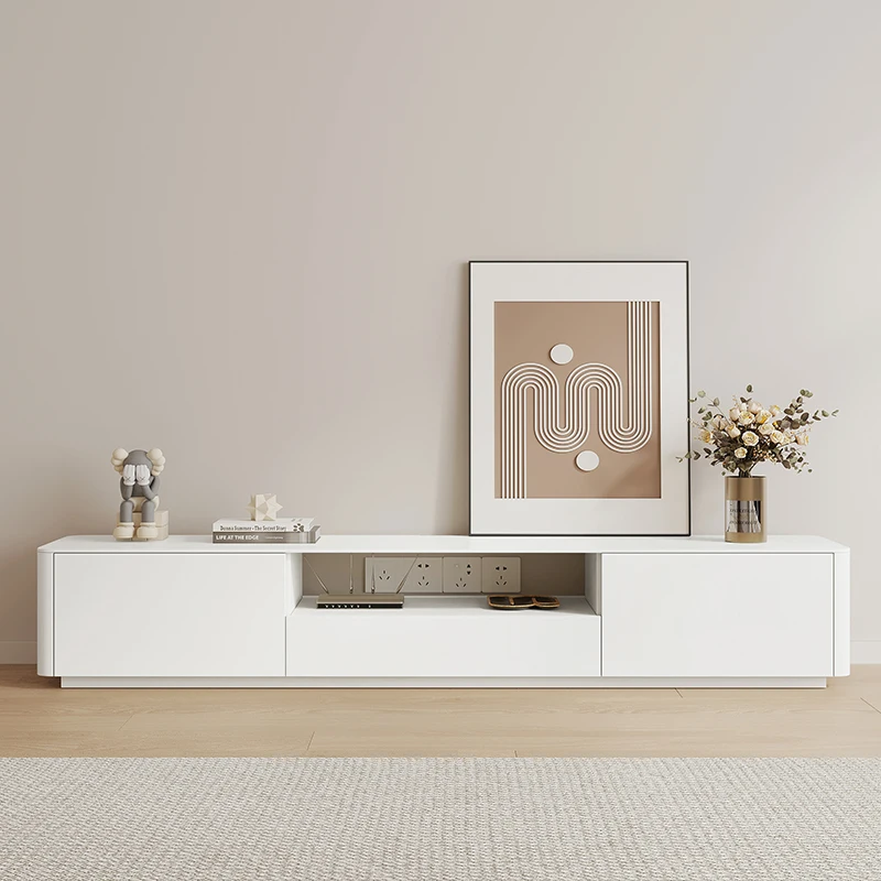 #Warm white solid wood TV cabinet coffee table combination modern simple living room rounded corner floor slate paint TV cabinet