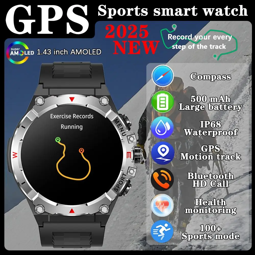 

Смарт-часы с GPS в стиле милитари, мужские металлические 1,43-дюймовый AMOLED HD-экран, 500 мАч, большая батарея, мониторинг здоровья, спортивные умные часы 2025