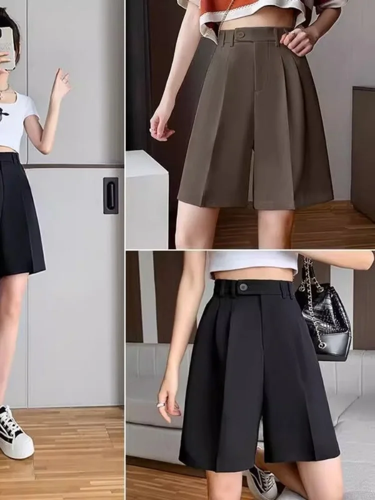 

High Waist Ice Silk orts Women's Casual Loose Wide Leg Pants Korean Sle Slimming Five-Quarter Length Suit Pants