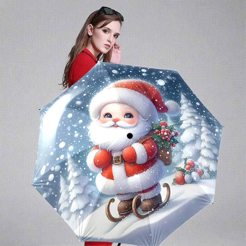 Cute Santa Claus in Snowy Forest with Sleigh and Gifts Portable Folding Umbrella, Gift for Family And Friends