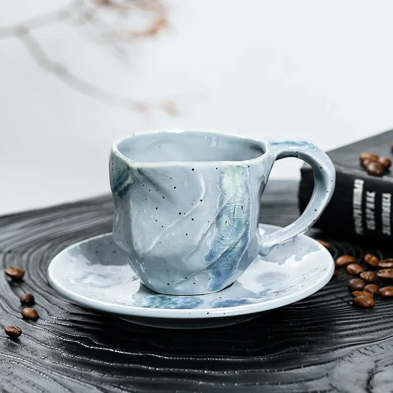 Handmade Japanese Style Coarse Pottery Coffee Cup Saucer Set Wabi Sabi Matte Glaze Latte Art Mug Home Cafe