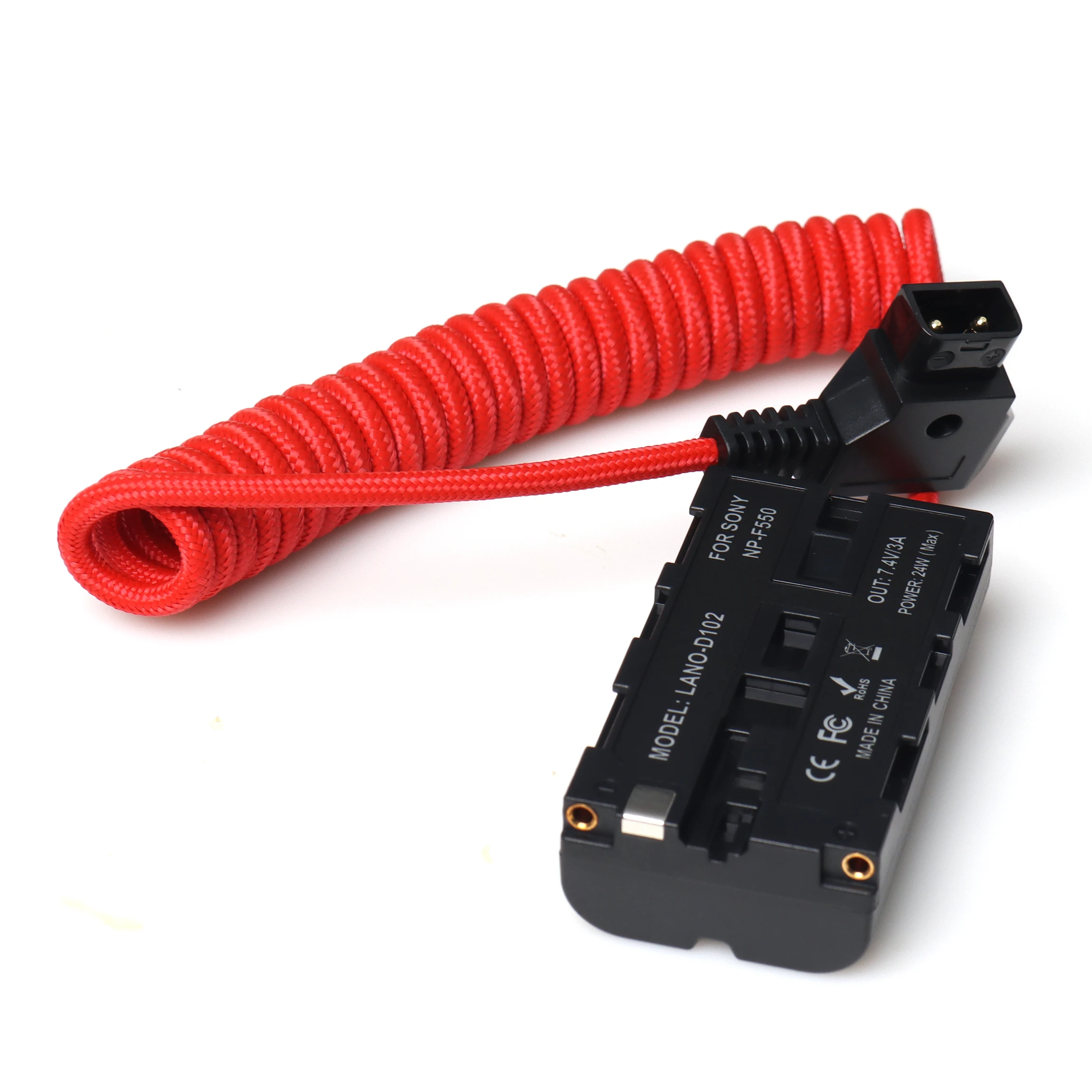 

【LANO】D-Tap Male to DC Coupler Dummy Battery Coiled Nylon Cable for SONY NP-F550，woven mesh spring wire, three colors available