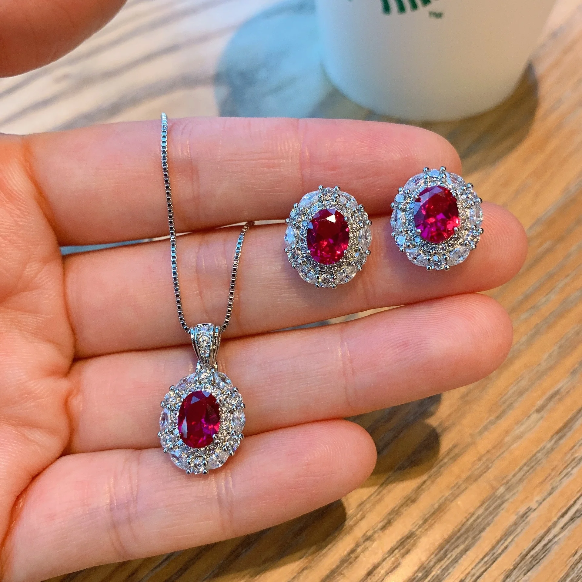 brand genuine Luxury real jewels S925 Silver Needle High Imitation Pigeon Blood Red Treasure Necklace Earrings Jewelry Two Piece