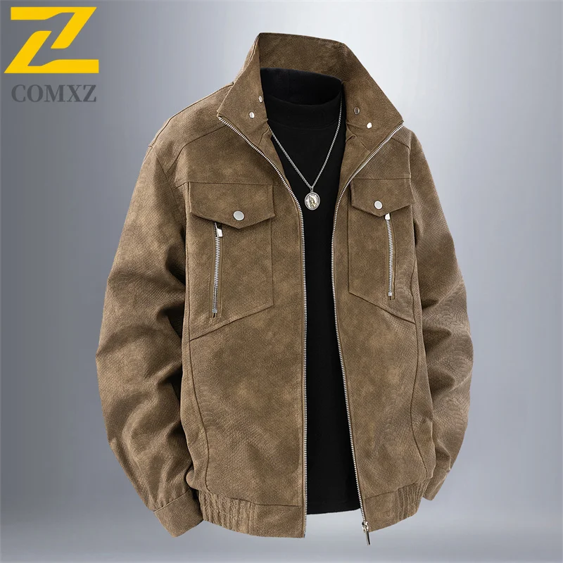 COMXZ  Male PU Leather Coat Minimalist Turndown Collar Adventure Windproof Leather Coat Loose Durable Fashion Autumn Outerwear​