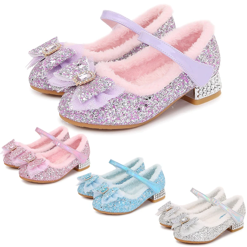 Zapatos de tacón alto acolchados de felpa esponjosa para niñas, disfraces de hadas, fiesta de cumpleaños disfraces de, princesa Frozen, Elsa,