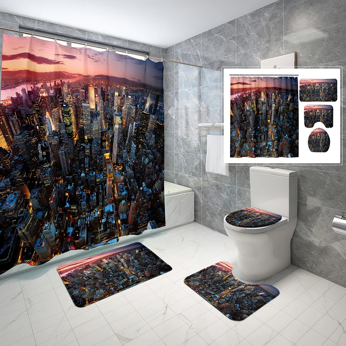 

4 Pcs City View Shower Curtain Sets Modern City Sunset Night Scene Non-Slip Bath Mat Toilet Cover Waterproof Shower Curtain Set