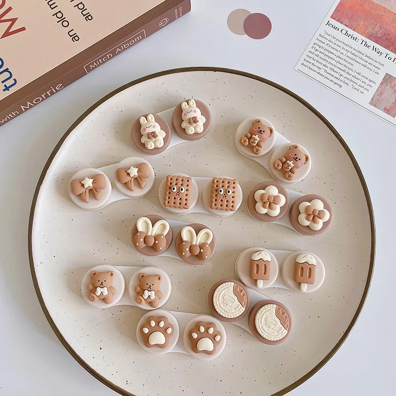 Kawai الكرتون عدسات لاصقة صندوق القهوة الفاكهة البطيخ Bowknot عدسات لاصقة ستيريو للعيون صندوق العناية بالعين مع الملقط