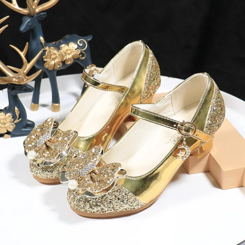 Girls High Heels Shiny Bowknot Sequins Princess Leather Shoes Crystal Dance Performance Children's Shoes Kids Casual Footwear
