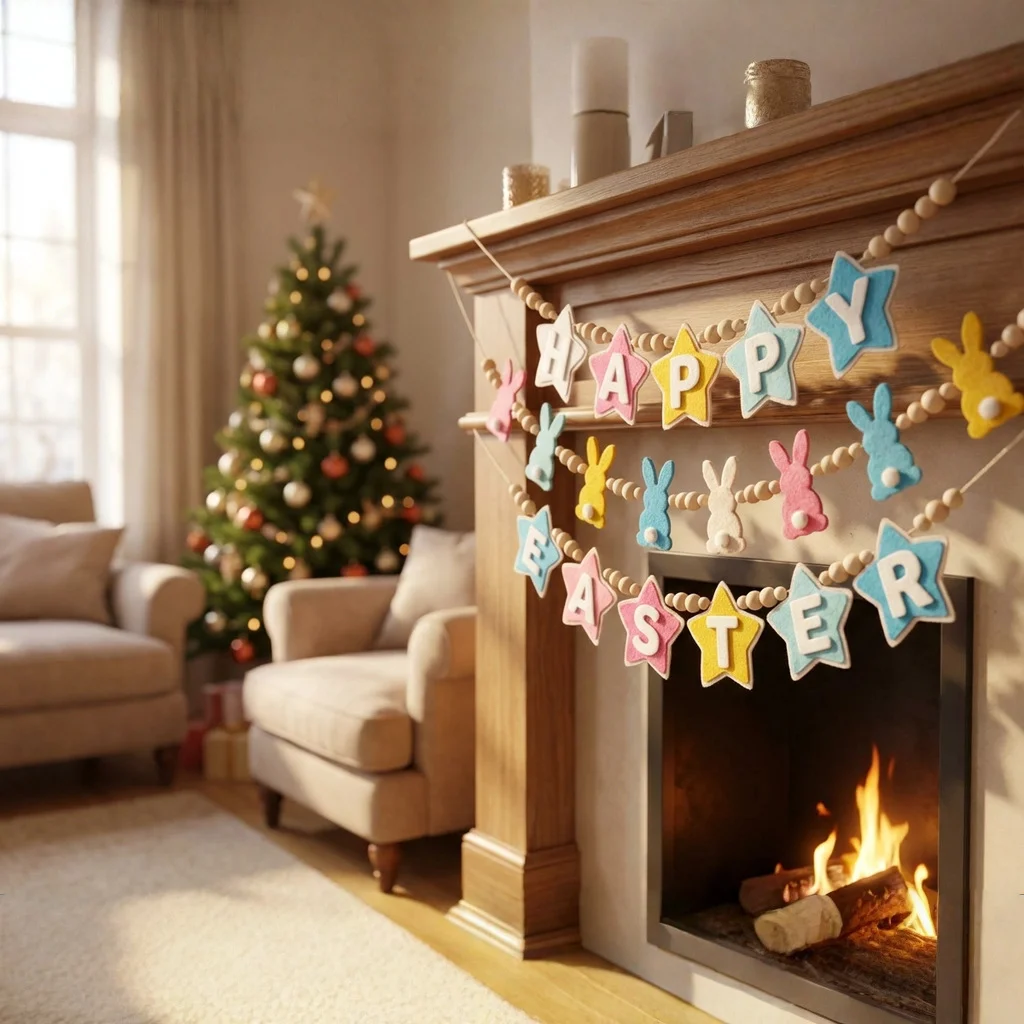 2026 Happy Easter Bunny Wood Bead Garland Banner Fireplace Mantel Letter Decor Spring Home Easter Party Hanging Ornament