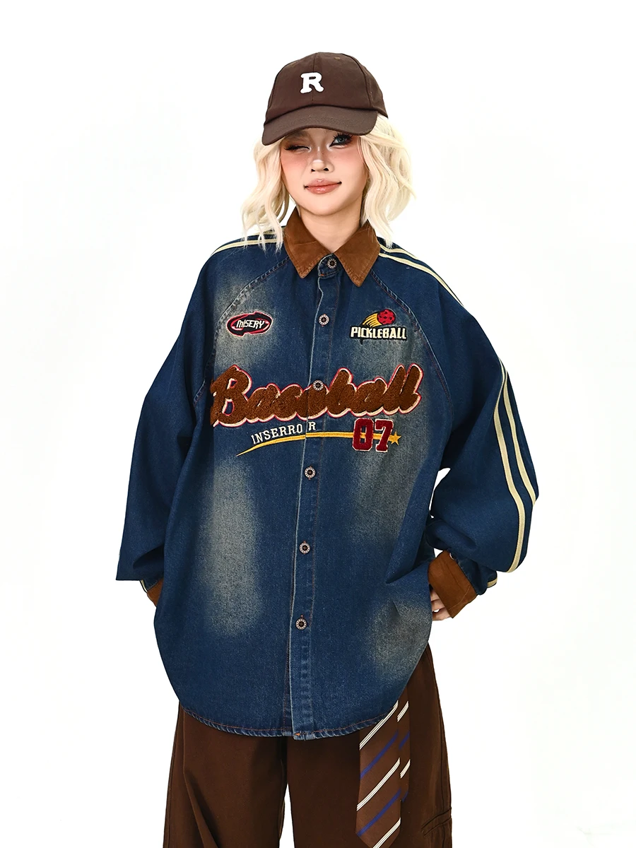 

Long Sve Denim irt Women's Spring 2026 New Loose BF College Sle Top Trendy Towel Embroidered Letter Casual irt