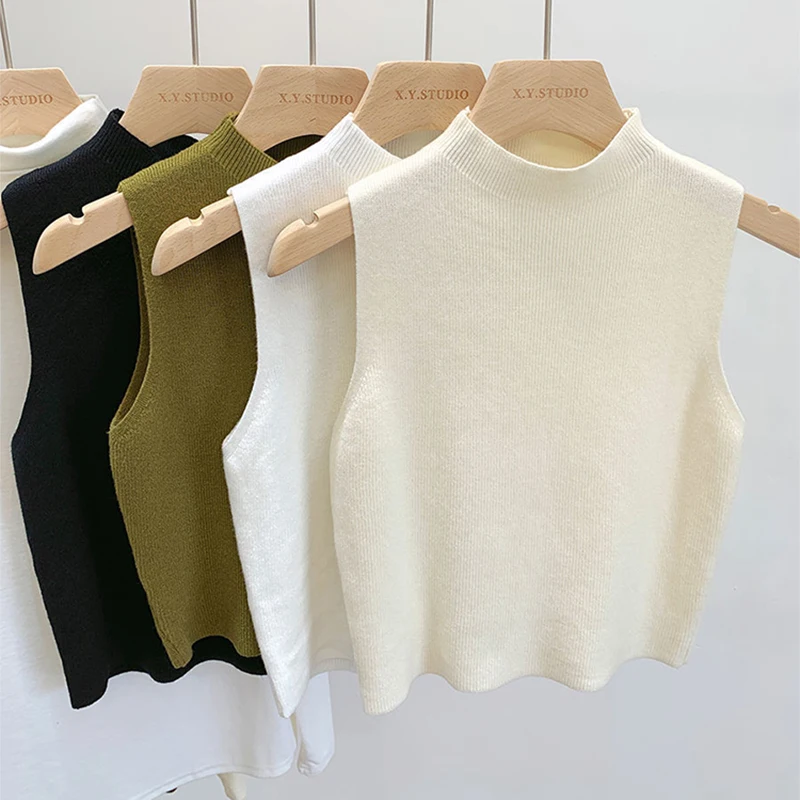 Canotta lavorata a maglia da donna estate autunno Slim maglione corto senza maniche solido primavera autunno maglioni pullover