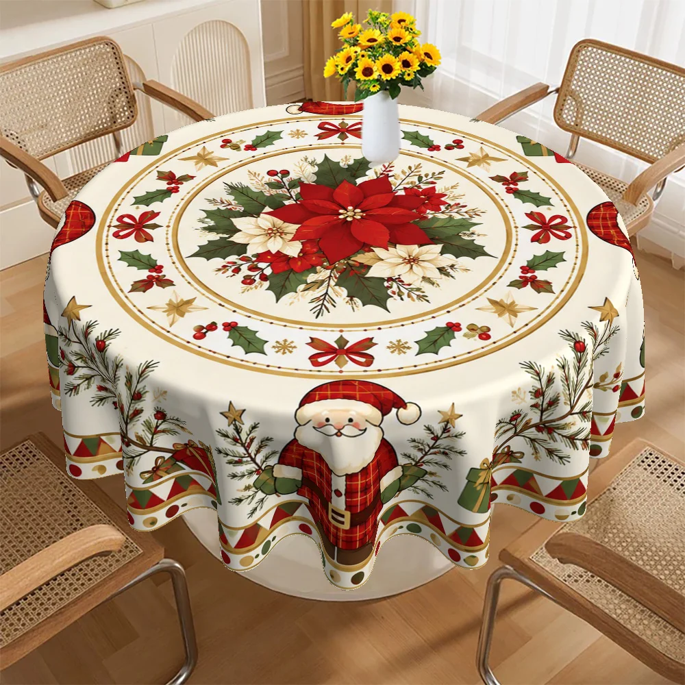 1 tablecloth, Christmas-themed style, round tablecloth with Santa Claus, Christmas flowers and gift patterns