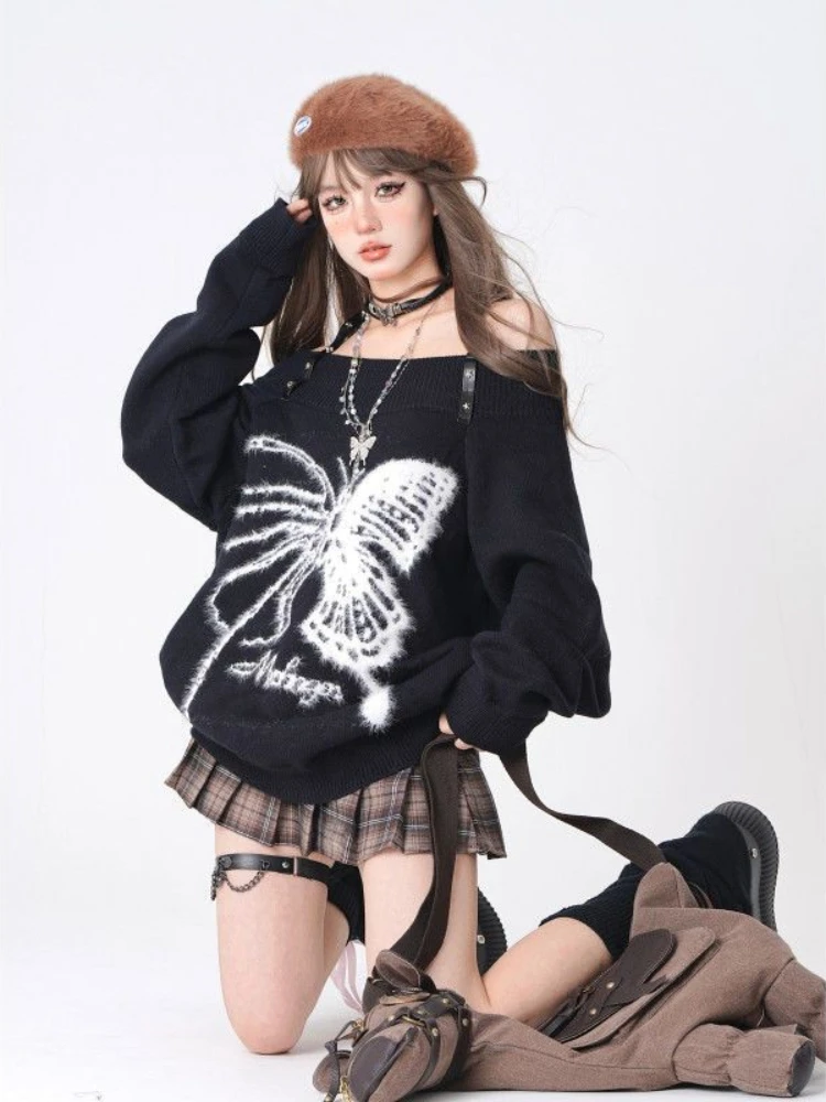 QWEEK Gothic Butterfly Goth Harajuku Sweater Women Off Shoulder Oversize Black Pullovers Emo Grunge Punk Long Sleeve Tops 2024