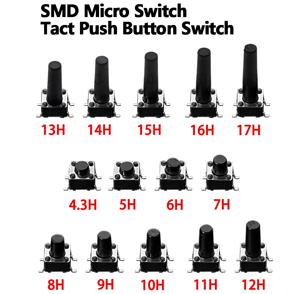 50PCS 10 11 4Pin 4.3 5 5.5 6 7 8 9 SMD Micro Switch Tact Push Button Switch 12V Copper 6X6X5 15MM TV Home Use Button 12 13