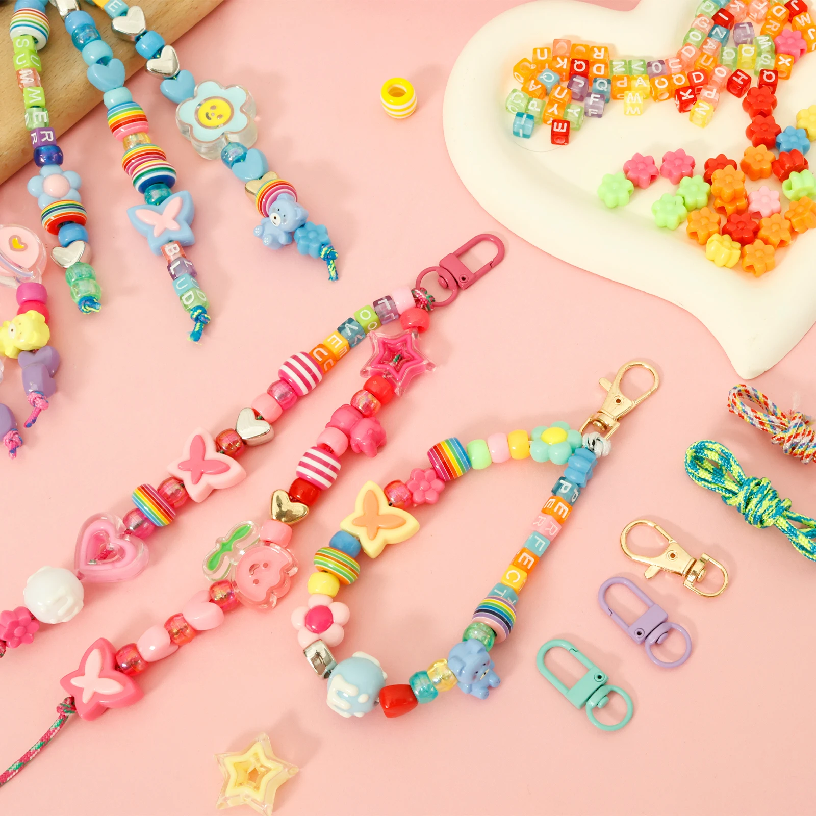 Bead Keychain Making Kit Colorful Beaded Keychain Kits DIY Bead Keychain Bag Charm Kit for Gifts Party Festival Family Activity
