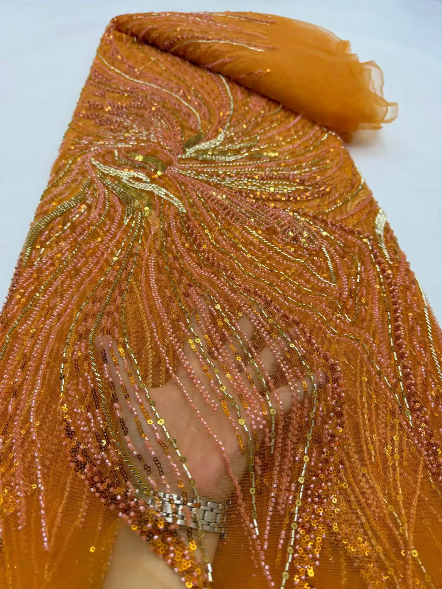 

Luxury African Heavy Beaded Lace Fabric 2026 High Quality Lace Nigeria Sequins French Tulle Lace Fabric Material For Wedding