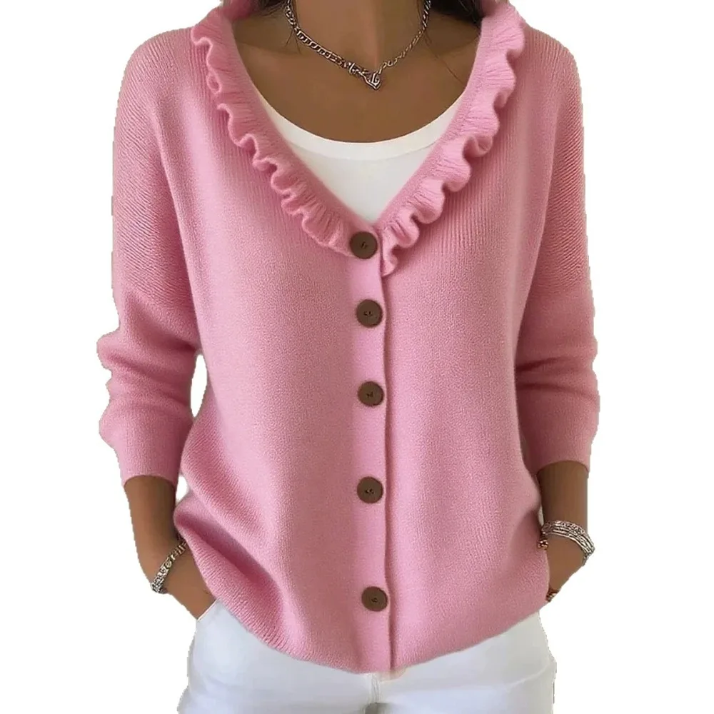 2026 Autumn and Winter New Fungus Edge Knitted Cardigan Solid Color Casual Fashion V-neck Sweater Jacket Female Texture Unique