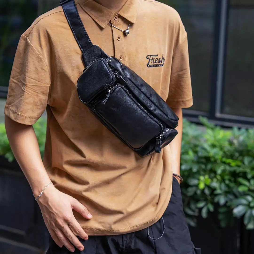 Multi-pocket large capacity riding diagonal backpack men high-grade multifunctional leather chest bag travel bag