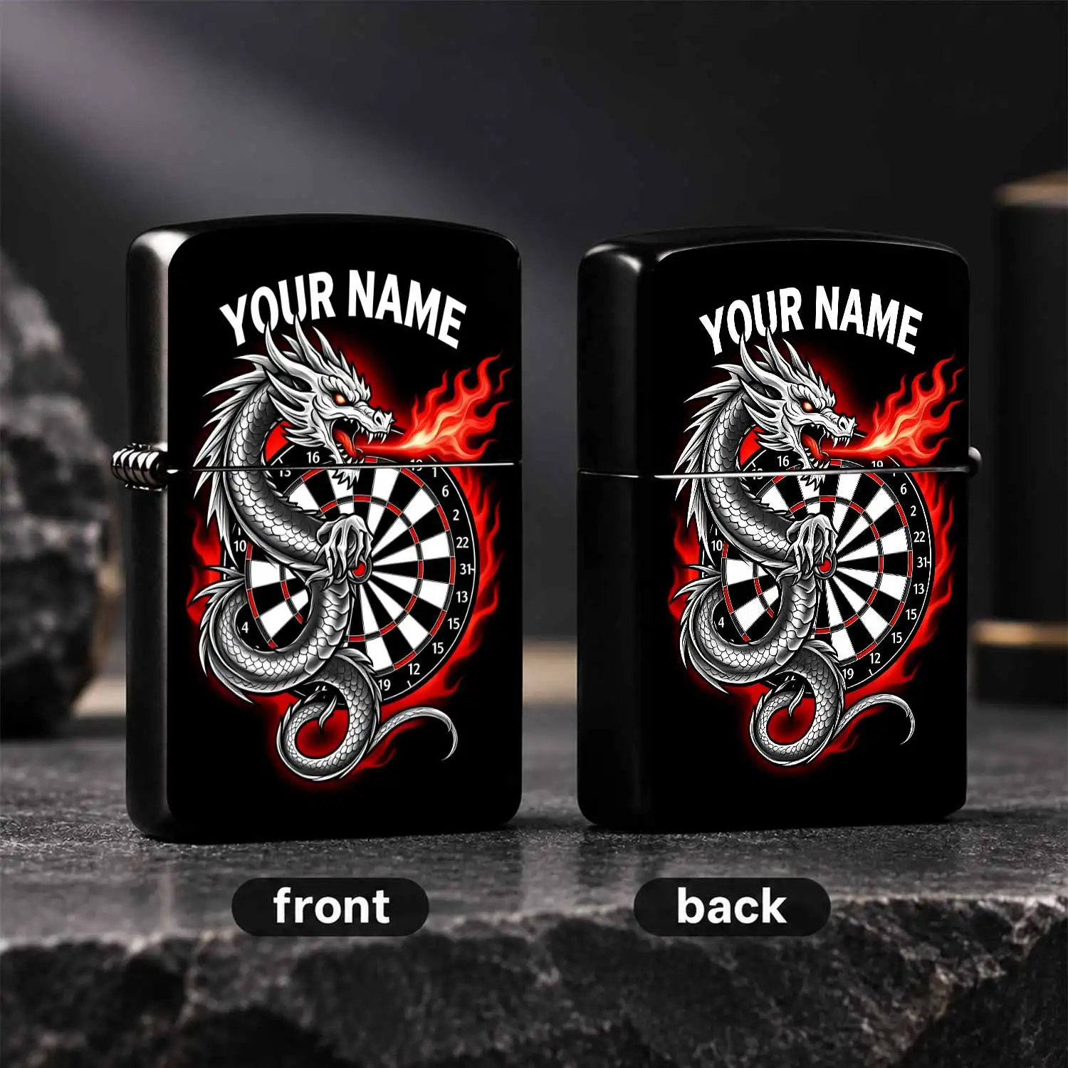 Custom Name White Eastern Dragon Dartboard Lighter Cool Flame Pattern Personalized Engraved Portable Igniter For Outdoor Camping Home Candle Lighting Unique Creative Gift For Darts Lovers Daily Use Decorative Practical Souvenir Interesting