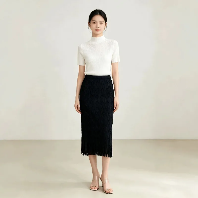 Miyake Pleated 2026 Black Diamond Pattern Hollow Tassel Skirt Women High Waist Draped Slimming Mid-Length Straight Skirt Pleat