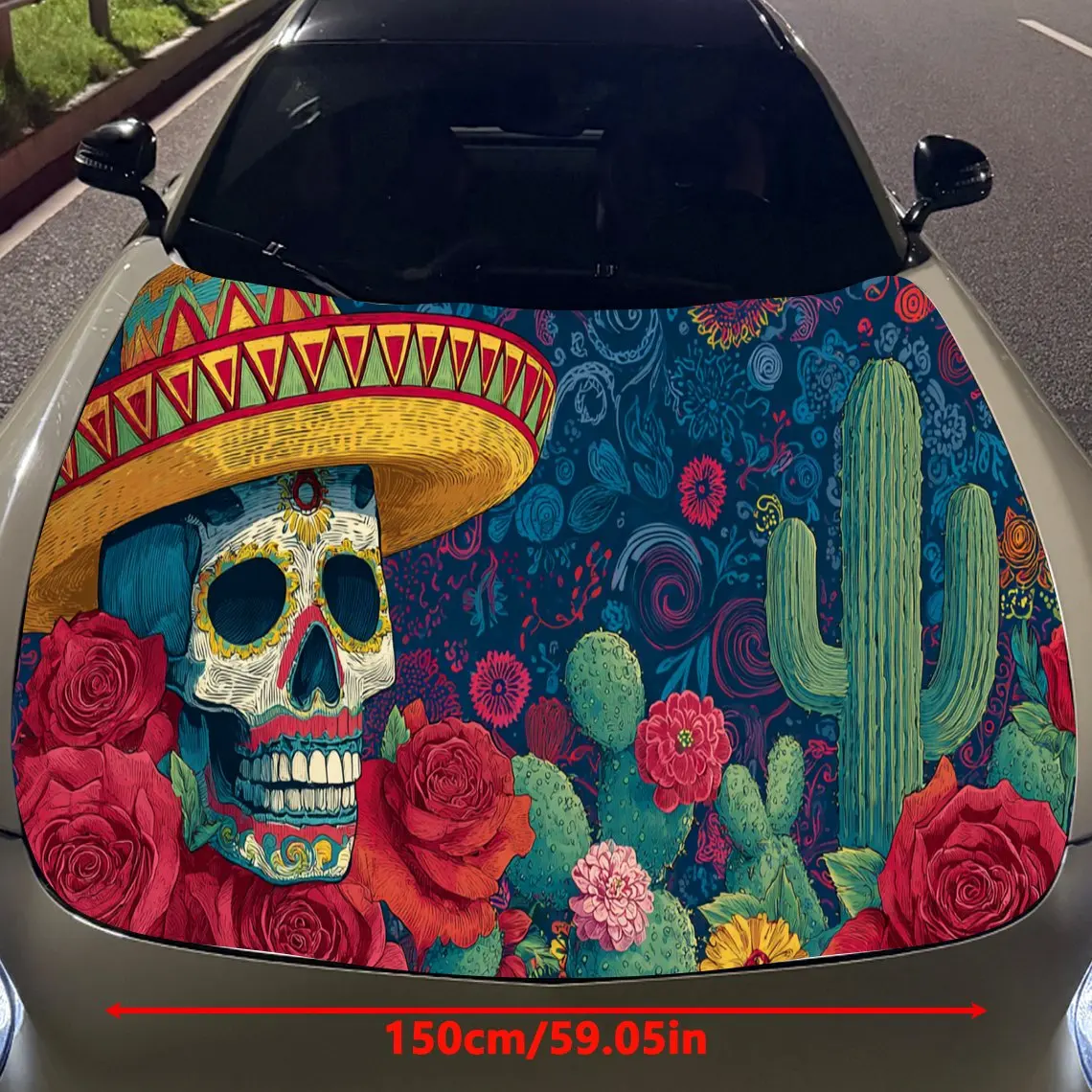Day of the Dead Cactus Skull Auto Cover Sticker, Waterproof and Self-adhesive Auto Hood Decal, Auto Vinyl Wraps, Cool Car Exteri