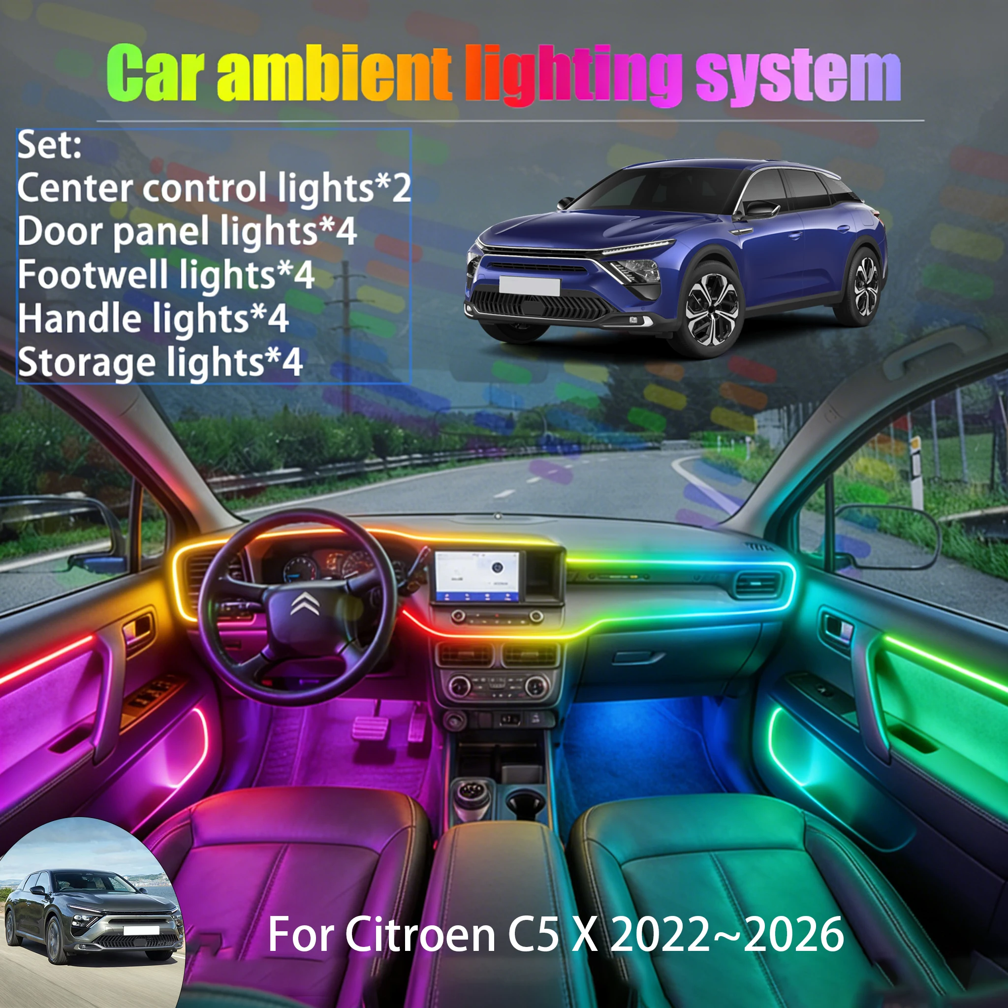 

For Citroën C5 X 2022~2026 2/18 in 1 Car ambient lighting Led trunk interior led lights USB RGB Ensemble Streamer Auto Parts