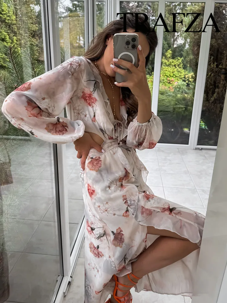 TRAFZA Autumn Fashion Women Dresses Print V Neck Long Sleeves Hollow Out Waist Decorate Bow Zipper Female Beach Style Long Dress