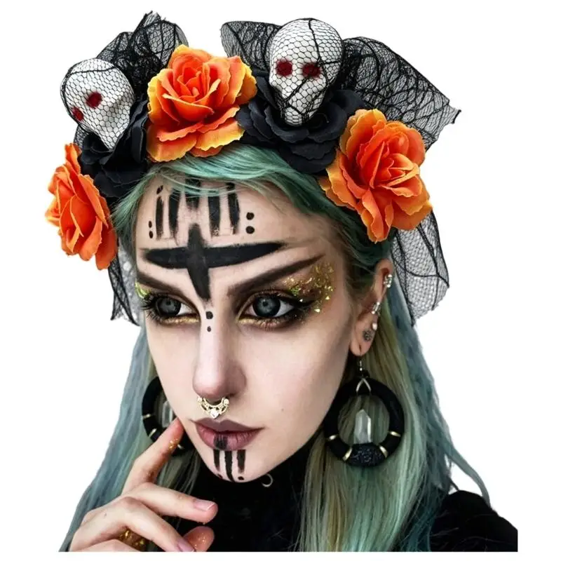 39BD Spooky Party Hair Adornment Headband with Skull Flower Design and Mesh Net for Halloween Outfit Styling and Party Looks