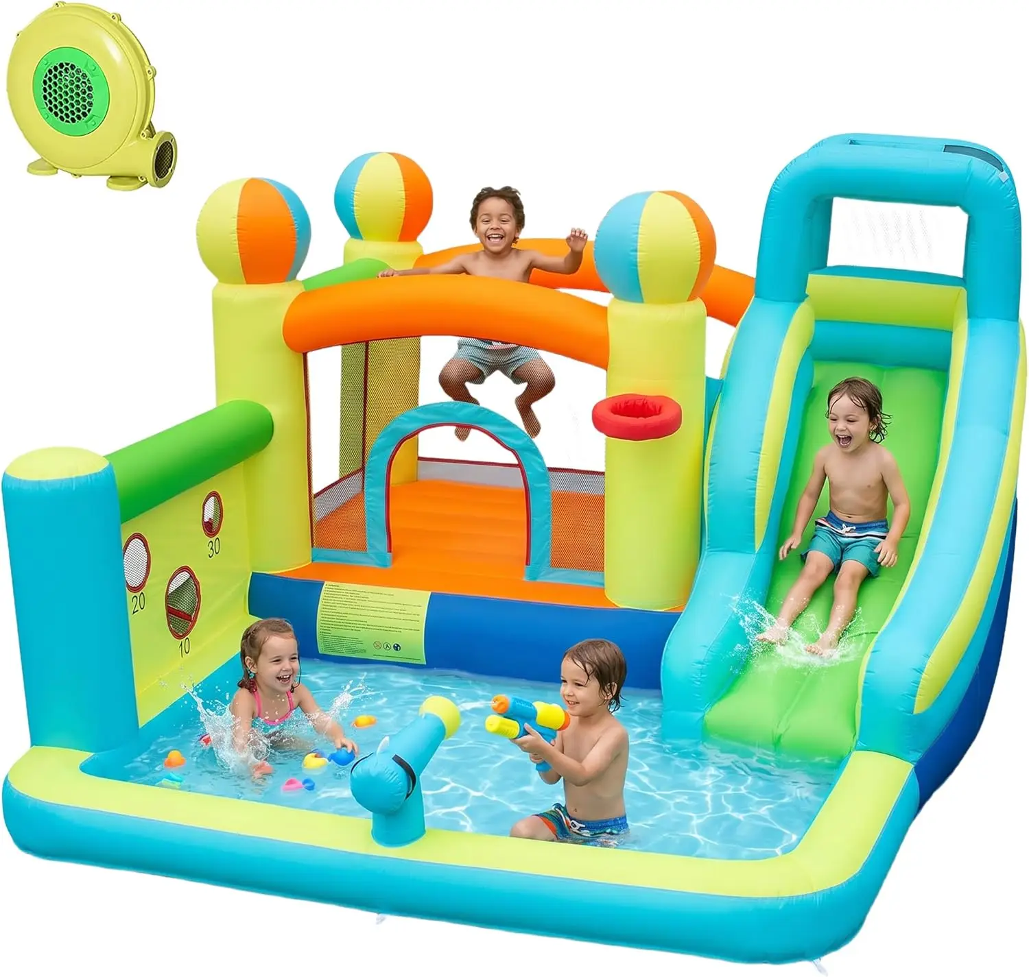 Parque Acuático Inflable para Niños, Castillo Hinchable con Soplador de Aire – Incluye Muro de Escalada, Área de Salto, Pistola de Agua, Piscina de Chapoteo y Canasta de Baloncesto para Fiestas al Aire Libre