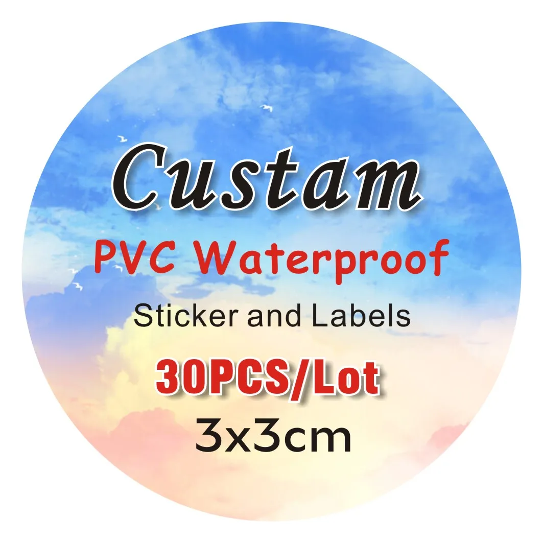 30 Stuks 3X3Cm Pvc Waterdichte Stickers Custom Logo Bruiloft Verjaardagscadeau Doos Sticker Ontwerp Custom Size