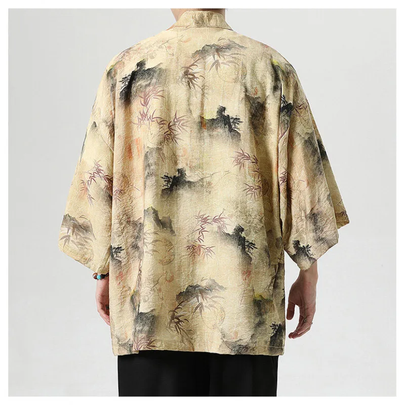 M-5XL Chinese Style Summer Bamboo Print Short Cape Lightweight 3/4 Sleeve Viscose Sun Protection Kimono Jacket for Men and Women