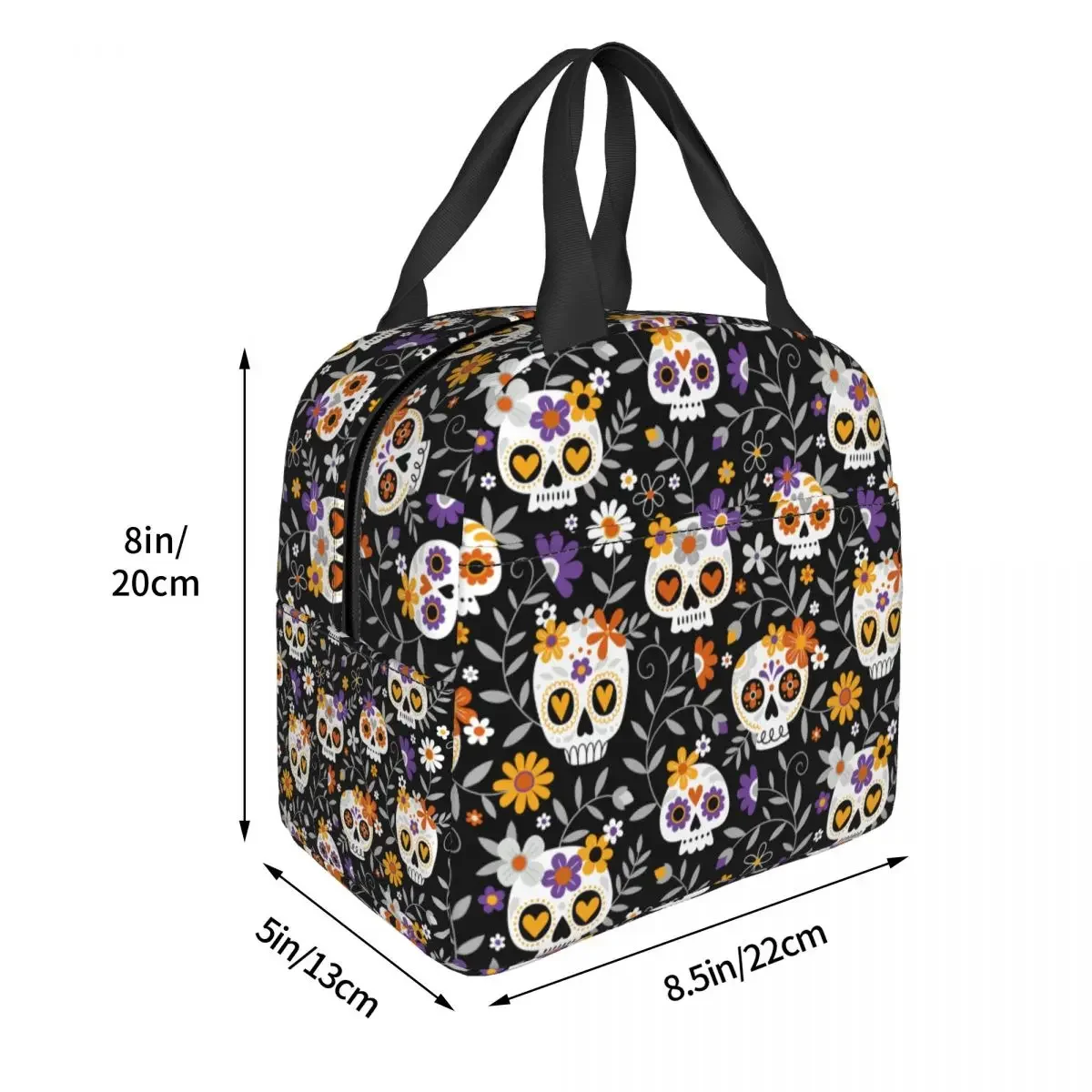 Fiambrera térmica con estampado de calaveras de azúcar para mujer y niño, fiambrera portátil con aislamiento Oxford, bonita