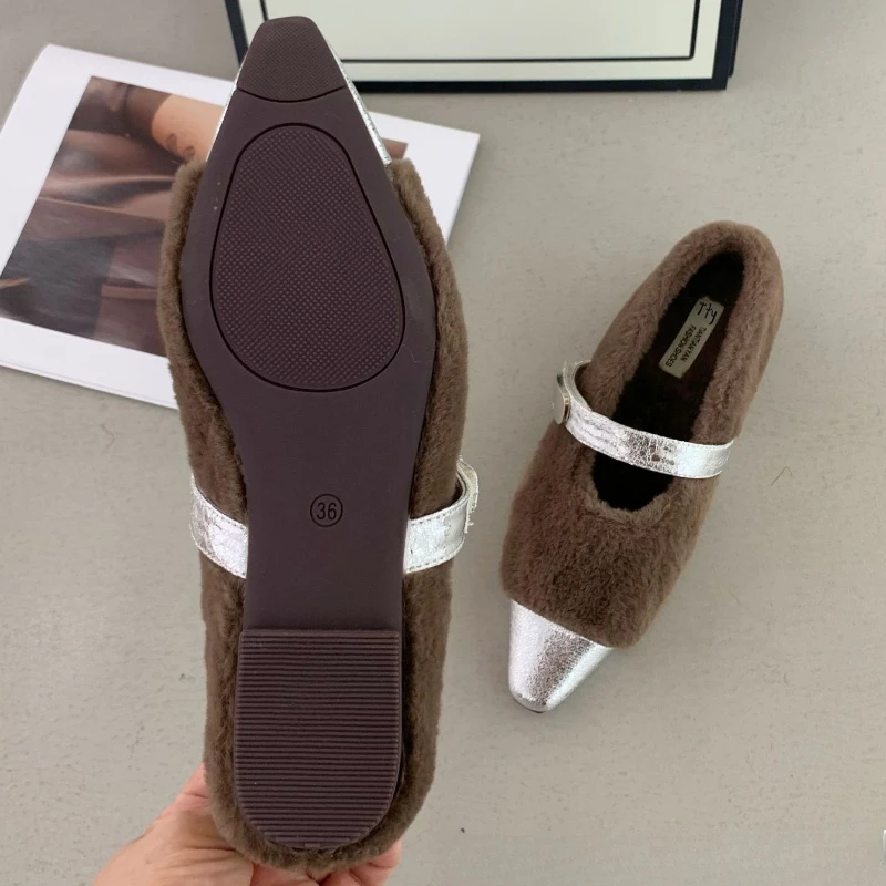 الخريف الشتاء قصيرة رقيق الدافئة حذاء مسطح النساء أشار تو الربط مشبك تصميم ماري جين أحذية السيدات الراحة حذاء كاجوال