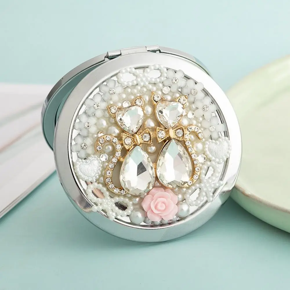 Miroir de poche en forme de cœur en métal pour femme, mini nœud papillon, fleur, chat en cristal exquis, taille de voyage