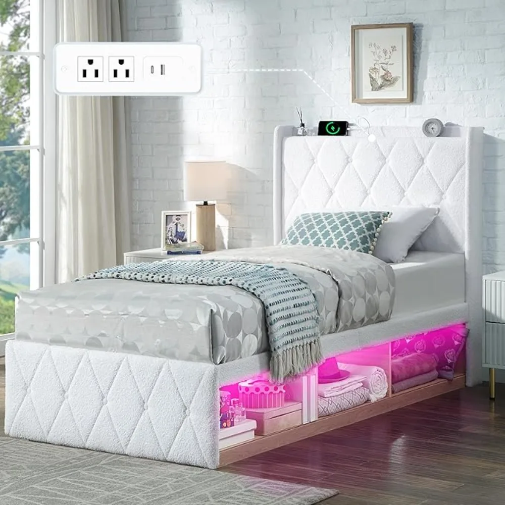 

Twin Soft Cloud Bed Frame with LED Lights &Charging Station, Boucle Upholstered Platform Bed with Underbed Storage, Button Tufte