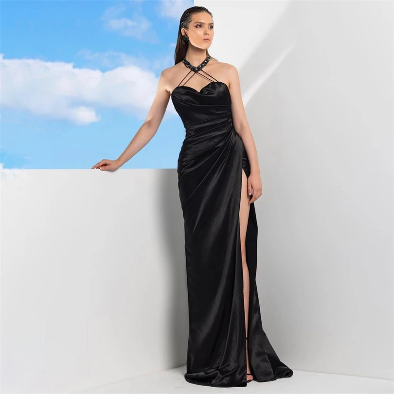 

Gorgeous Black Mermaid Evening Dresses Halter Pleats High Side Slit Sleeveless Prom Dress Backless Bride Occasional Party Gowns