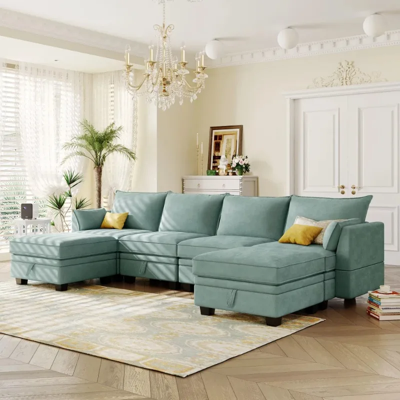 

Modern U-Shaped Combination Corner Sofa Living Room Modular Fabric 3-Seat Reversible Sofa with Wooden Legs Storage