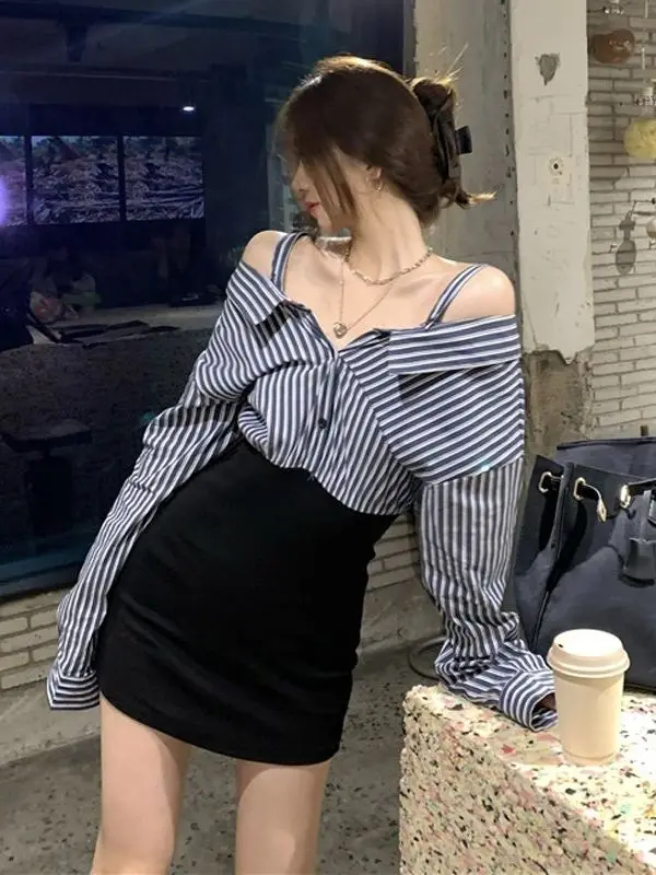 

plus Size 300 Pounds Sexy Spicy Girl Wrap around Skirt Autumn Style One Shoulder Stripe Shirt Dress Women's Fashion Casual Wear