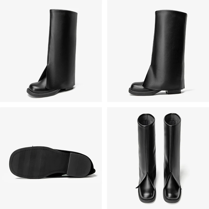 BEAUTODAY Tube Boots Women Genuine Cow Leather Solid Color Slip-on Round Toe Thick-Soled Ladies Shoes Handmade 01481 image 6