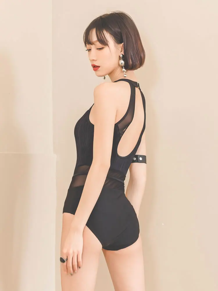 Youthful Black High Collar One-Piece Swimsuit for Women  Design Belly Covering Slimming Effect Sporty Casual Swimwear