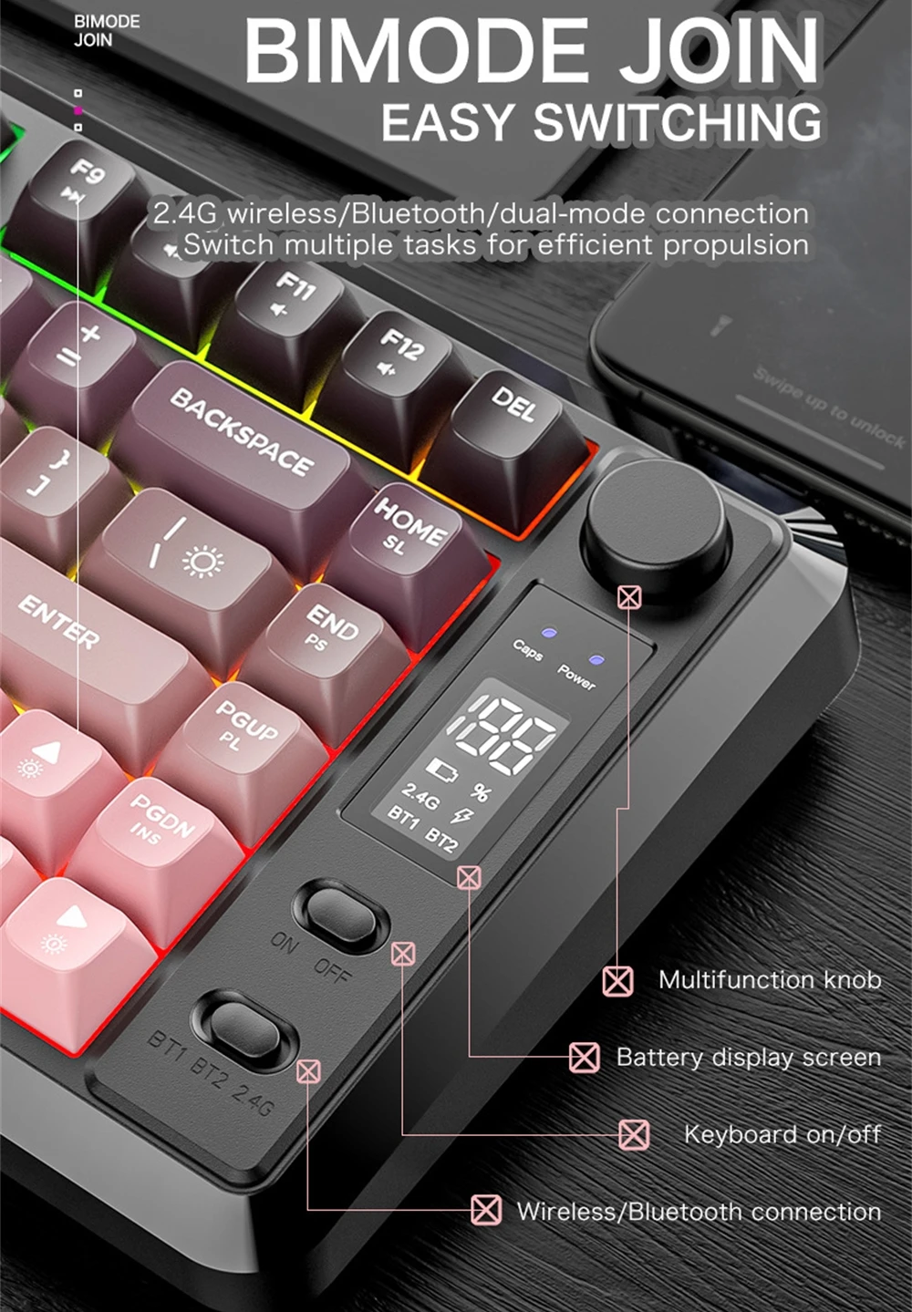 Wireless Keyboard Spanish Russian Arabic Korean Keyboard Bluetooth 2.4G 82 Keys Layout 80% With Screen Volume Knob M75 Backlight