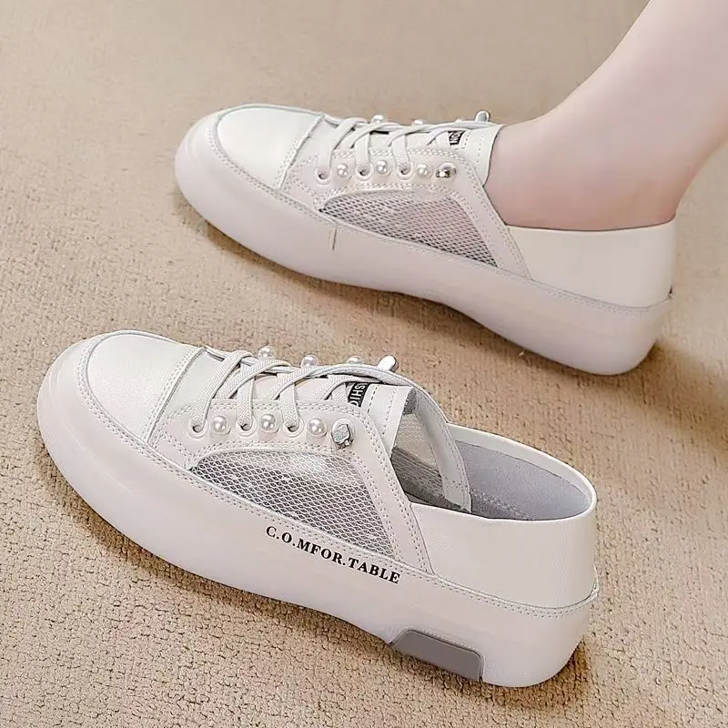 

Женские весенне-летние повседневные туфли из натуральной кожи с сеткой, с круглым носком, без шнуровки на плоской подошве, дышащие маленькие белые туфли, спортивная обувь