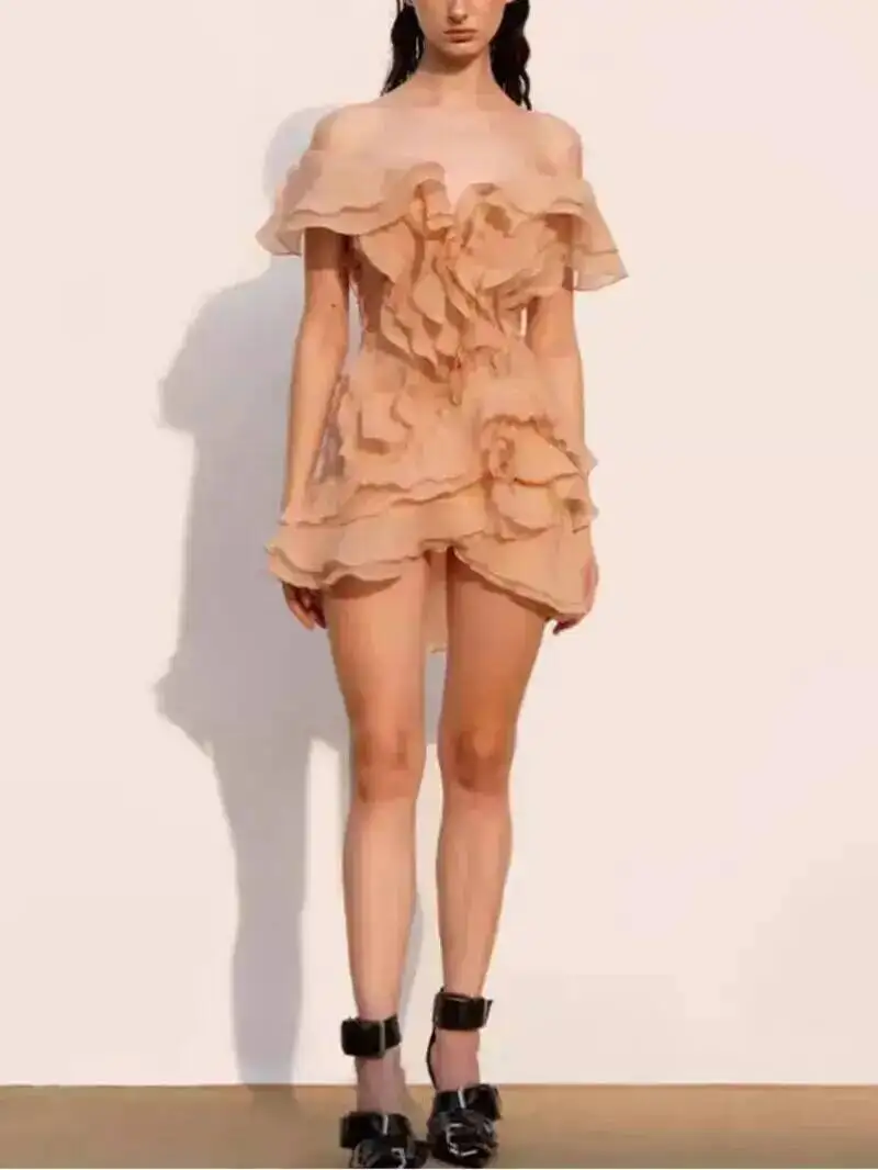 Elegantes Damenkleid mit Volants, unregelmäßigem Gaze-Schnitt, Minikleid mit Schrägausschnitt, einfarbig, Abendkleider, Frühjahr 2026 Neu SK1M