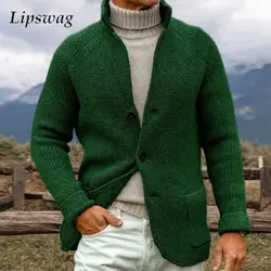 Plus Size Mens Knitted Cardigans 2025 Spring Fashion Stand Collar Buttoned Sweater Jackets Men Vintage Solid Color Slim Sweaters