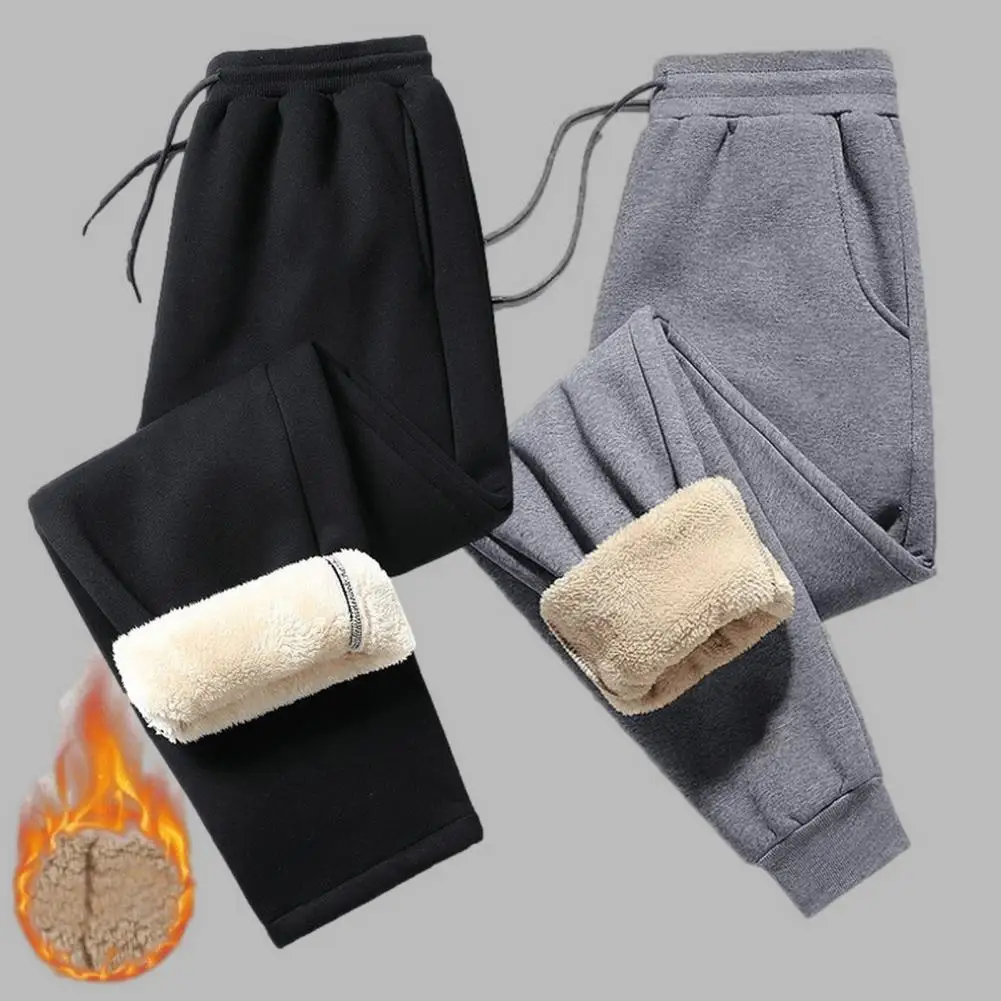 

Men Winter Pants Plush Sweatpants Cozy Men's Plush Sweatpants Drawstring Waist Pockets Ankle Length Solid Color Thick Trousers