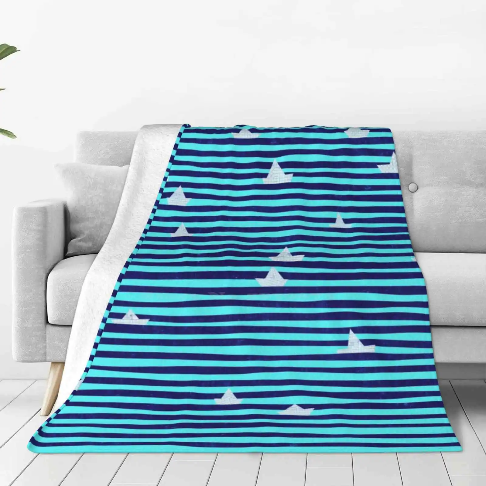 Origami Boat On The Sea Hot Sale Printing High Qiality Warm Flannel Blanket Sea Water Ocean Boat Origami Paper Turquoise Stripe